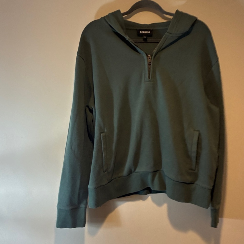 Express Athletic Men's Green Quarter Zip Up Sweatshirt With Hood Sz L Worn 1x
